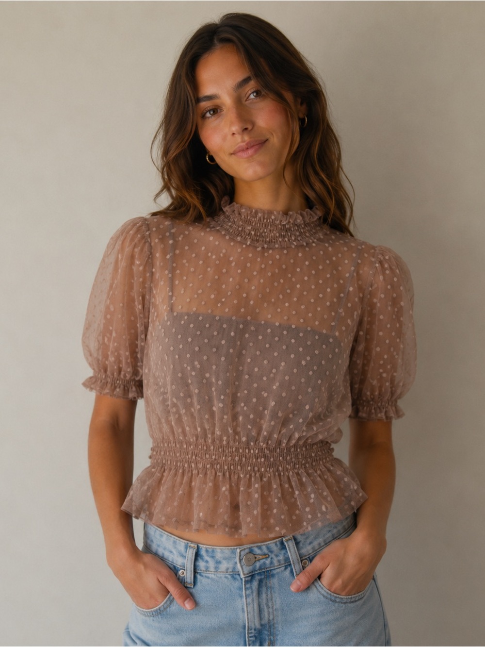 Willow Sheer Swiss Dot Smocked Peplum Blouseโ Medium